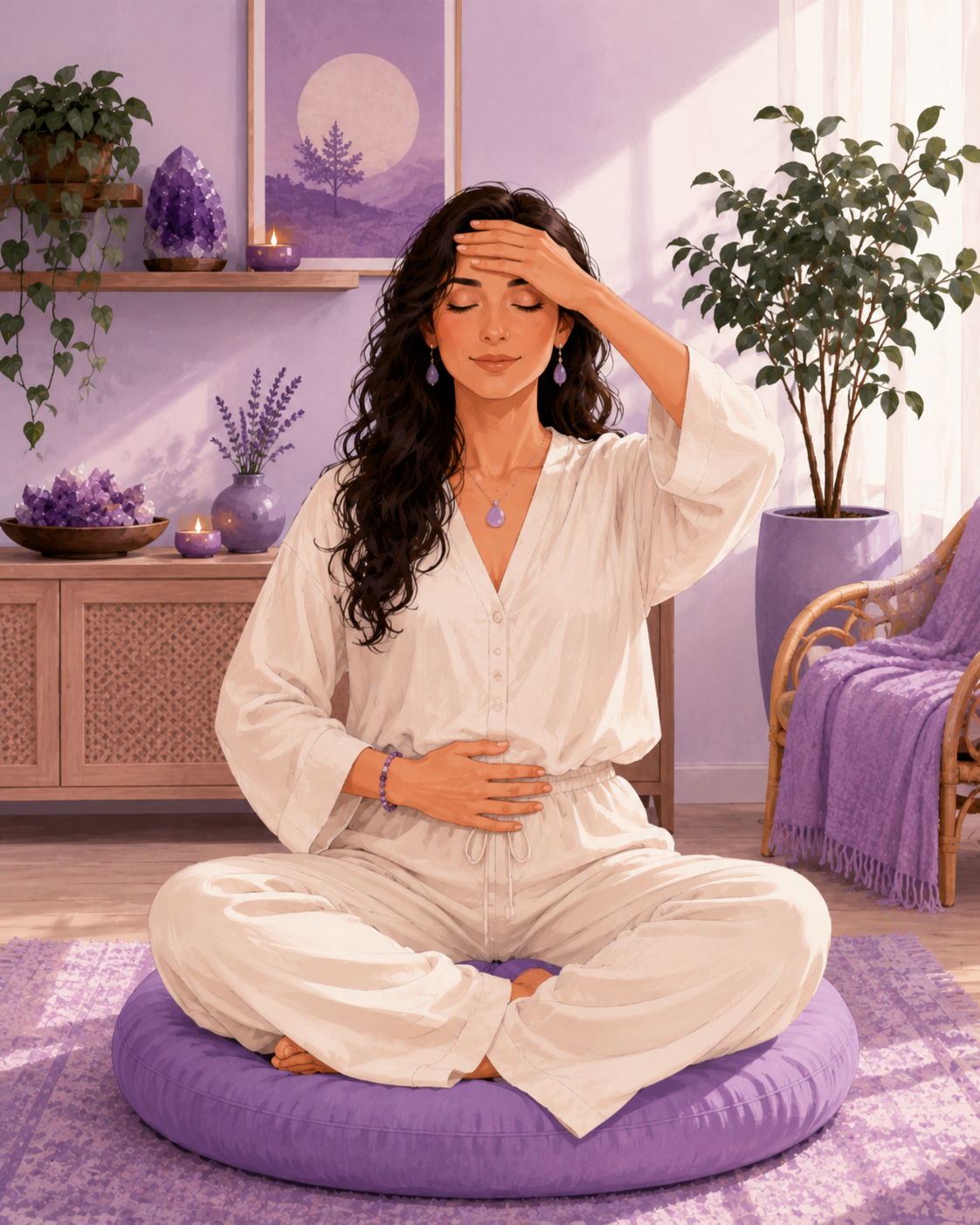 Ilustración de una práctica de autoreiki con una mano en la frente y otra en el abdomen