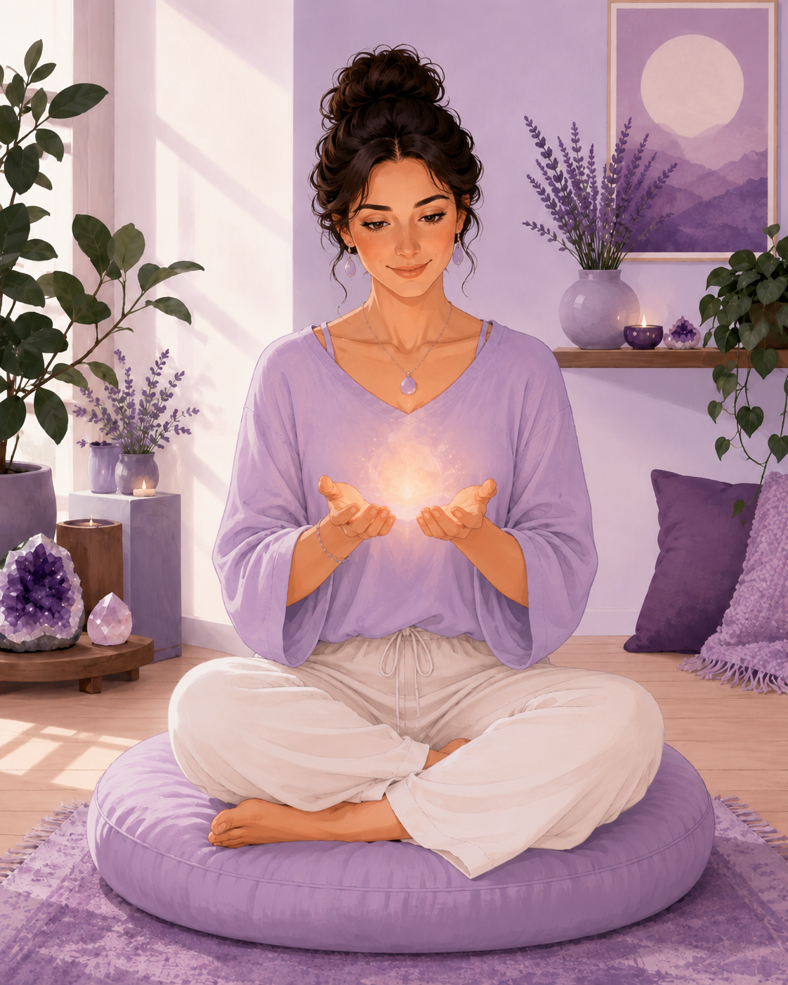 Ilustración de una persona observando una luz suave entre sus manos